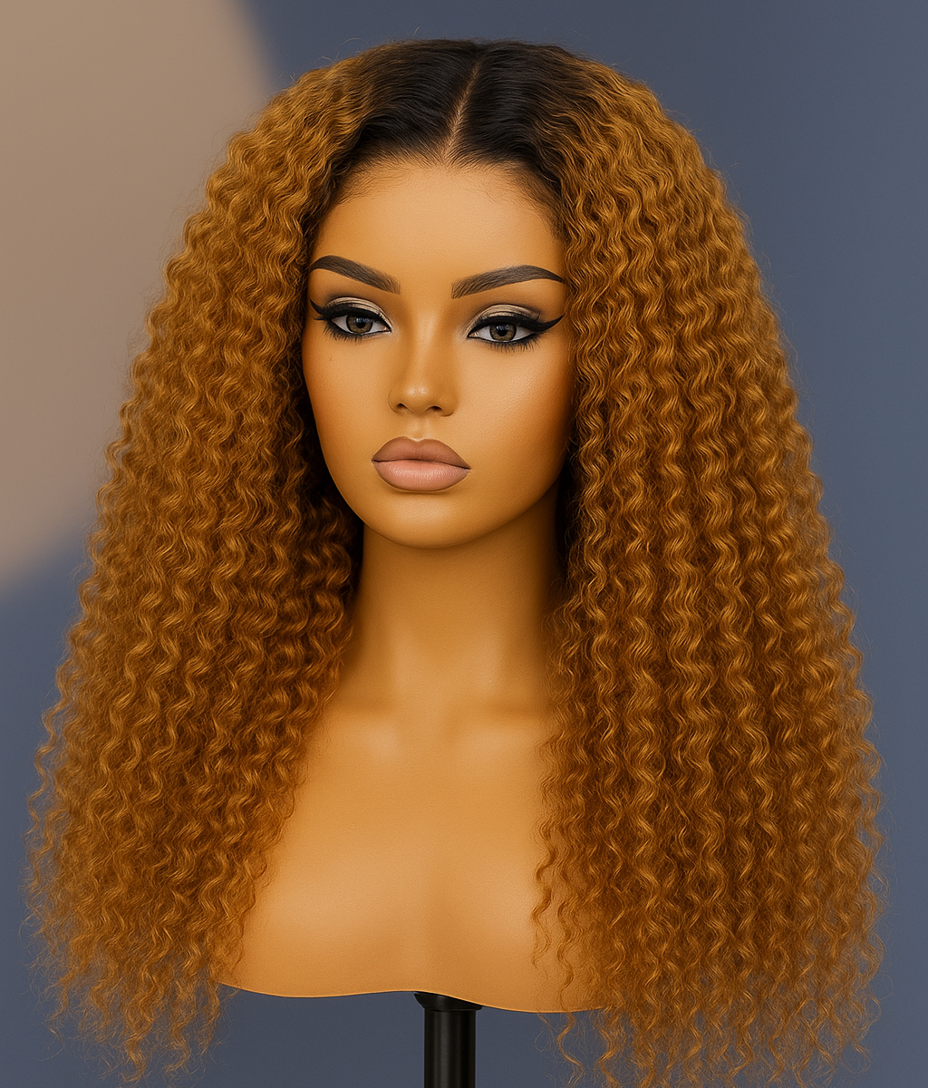 Peruca Kinky Curly 100% Humana – Tom Mel Dourado | Sem Cola, Renda Pré-Cortada