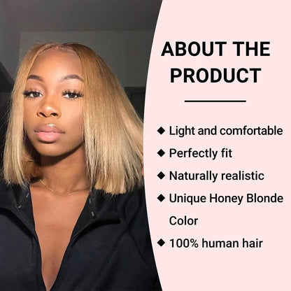 Peruca Bob Loiro Mel - Cabelo Humano Liso - Renda HD Transparente