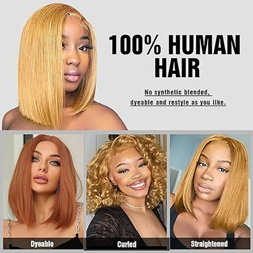 Peruca Bob Loiro Mel - Cabelo Humano Liso - Renda HD Transparente