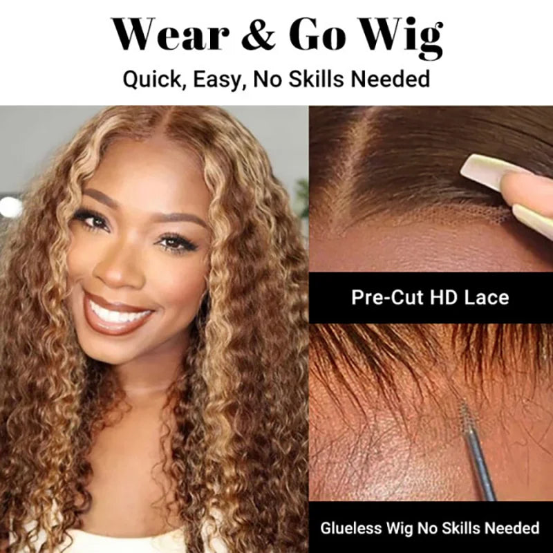 Peruca Kinky Cacheada Ombre 4/27 – Cabelo Humano, Frente de Renda 7x5 HD, Sem Cola, Wear & Go