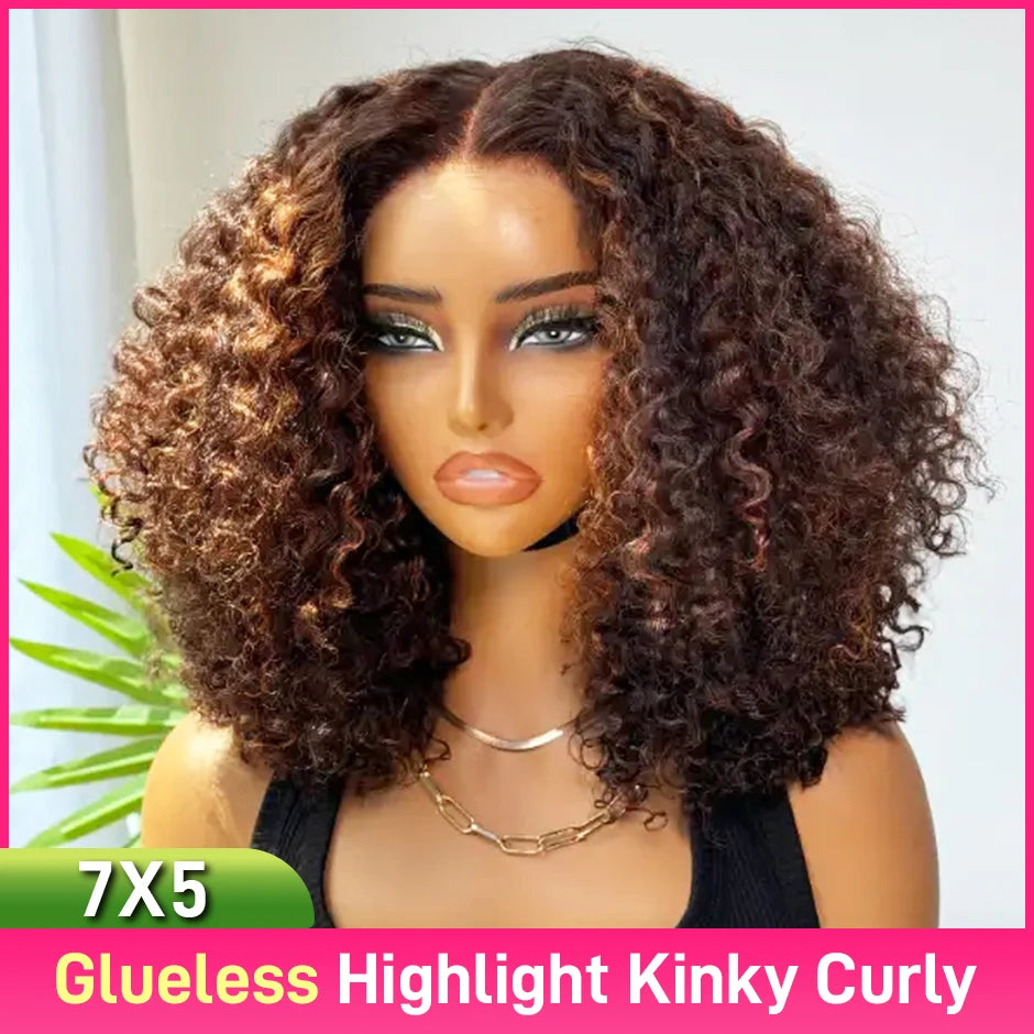 Peruca Kinky Cacheada Ombre 4/27 – Cabelo Humano, Frente de Renda 7x5 HD, Sem Cola, Wear & Go