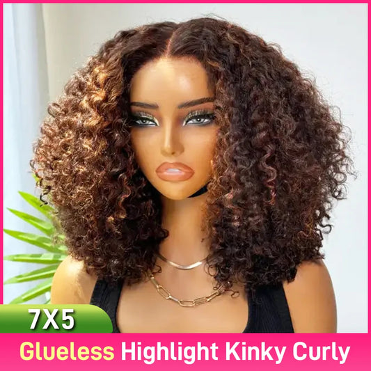 Peruca Kinky Cacheada Ombre 4/27 – Cabelo Humano, Frente de Renda 7x5 HD, Sem Cola, Wear & Go