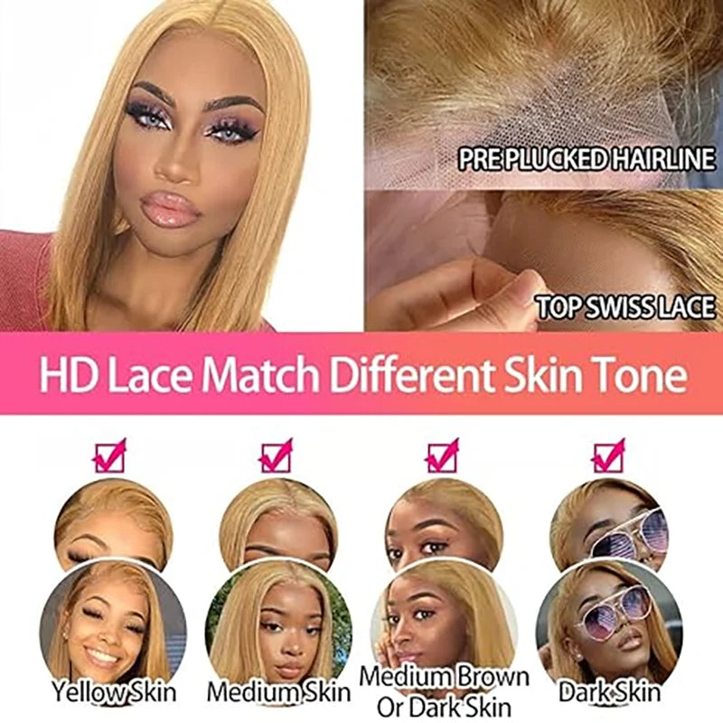 Peruca Bob Loiro Mel - Cabelo Humano Liso - Renda HD Transparente