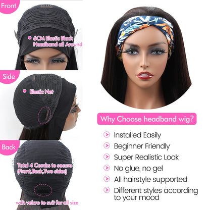 Peruca Lisa com Tira para Cabeça – Cabelo Humano, Estilo Bob Brasileiro, Sem Renda, Sem Cola, Natural para Mulher