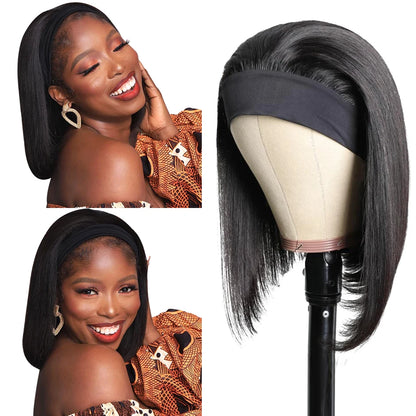 Peruca Lisa com Tira para Cabeça – Cabelo Humano, Estilo Bob Brasileiro, Sem Renda, Sem Cola, Natural para Mulher
