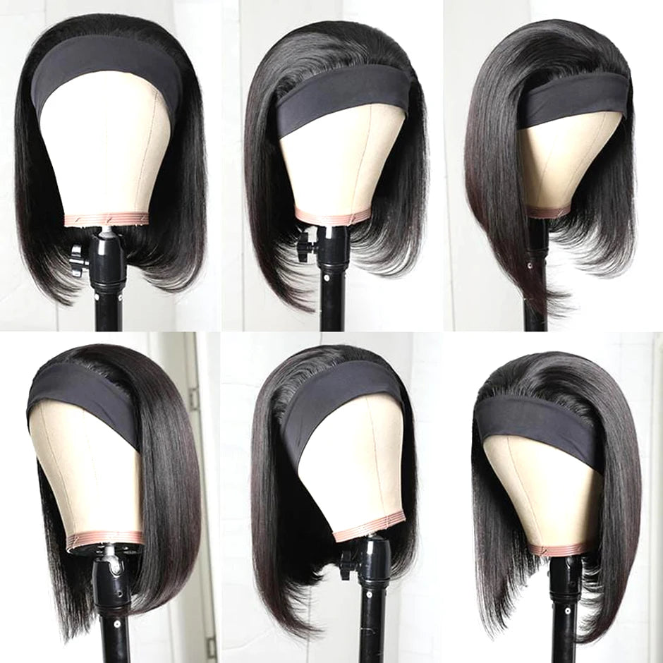 Peruca Lisa com Tira para Cabeça – Cabelo Humano, Estilo Bob Brasileiro, Sem Renda, Sem Cola, Natural para Mulher