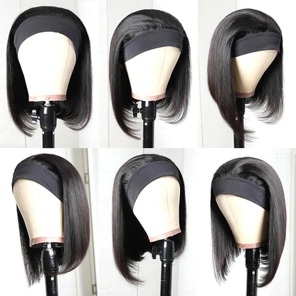 Peruca Lisa com Tira para Cabeça – Cabelo Humano, Estilo Bob Brasileiro, Sem Renda, Sem Cola, Natural para Mulher