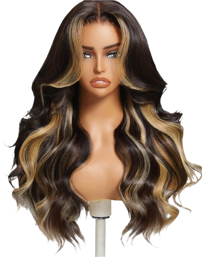 Peruca Body Wave com Madeixas Loiras Frontais – Sem Cola & Pronta a Usar