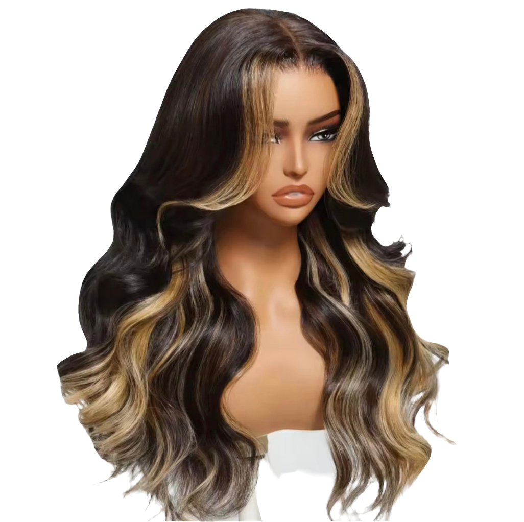 Peruca Body Wave com Madeixas Loiras Frontais – Sem Cola & Pronta a Usar