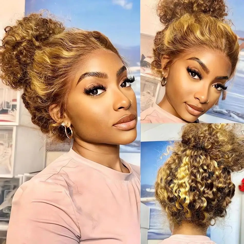 Peruca de Renda Frontal Completa 360 HD Invisível – Loiro Mel com Madeixas e Ondas Profundas