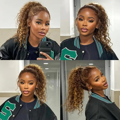 Peruca de Renda Frontal Completa 360 HD Invisível – Loiro Mel com Madeixas e Ondas Profundas