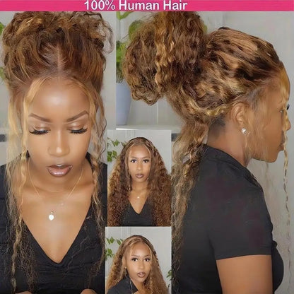 Peruca de Renda Frontal Completa 360 HD Invisível – Loiro Mel com Madeixas e Ondas Profundas