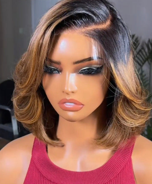 Peruca Bob Luxo com Madeixas Douradas – 100% Cabelo Humano