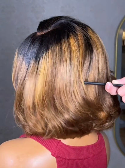 Peruca Bob Luxo com Madeixas Douradas – 100% Cabelo Humano