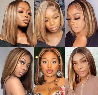 Peruca Bob Lisa Tricolor– Cabelo Humano, Sem Cola, Pré-Cortada , pronta a usar