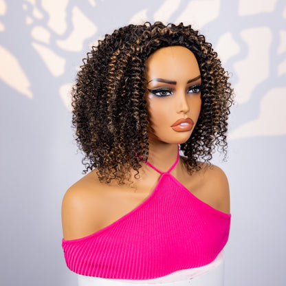 Meia Peruca Cacheada Crespa com Mechas Castanhas – Cabelo Humano, Sem Cola, Estilo Versátil