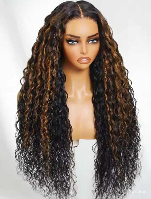 Peruca de Cabelo Humano Ondas Profundas Water Wave com madeixas