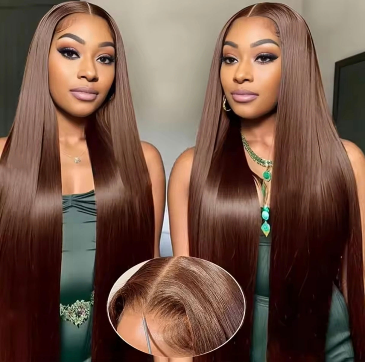 Peruca Lisa Castanho Chocolate #4 – Cabelo Humano, Sem Cola, pronta a usar, Colorida