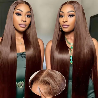 Peruca Lisa Castanho Chocolate #4 – Cabelo Humano, Sem Cola, pronta a usar, Colorida