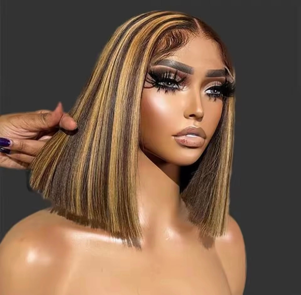 Peruca Bob Lisa Tricolor– Cabelo Humano, Sem Cola, Pré-Cortada , pronta a usar