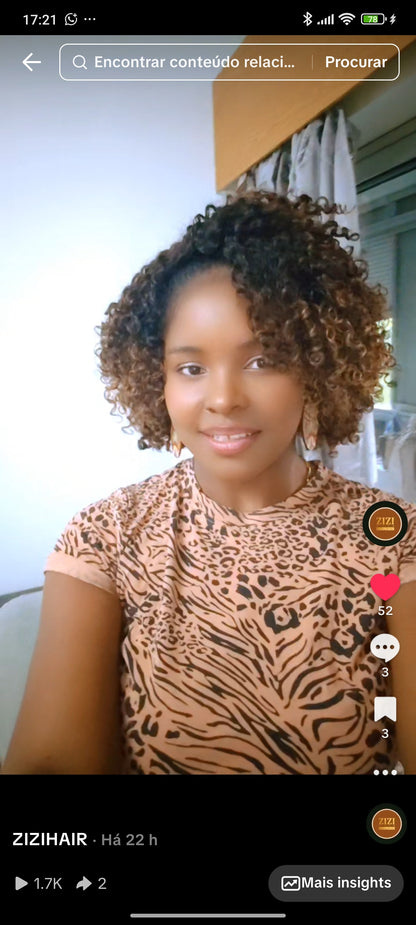 Meia Peruca  3 em 1 – Half Wig com Cordão, Clip-Ins Invisíveis  Afro Curly – Cabelo Humano – ZIZI HAIR