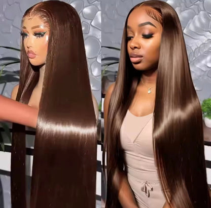 Peruca Lisa Castanho Chocolate #4 – Cabelo Humano, Sem Cola, pronta a usar, Colorida