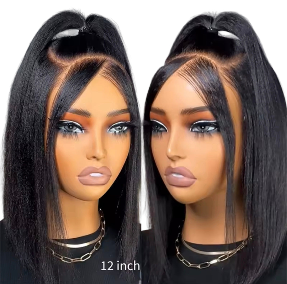 Peruca Lisa Yaki Curta Bob cor #1B – 100% Cabelo Humano | Sem Cola, Renda Pré-Cortada e Cordão Ajustável