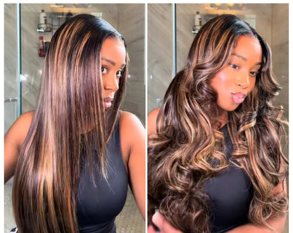 Peruca Lisa Castanho com Mechas 4/27(Piano) – Cabelo Humano, Sem Cola, pronta a usar