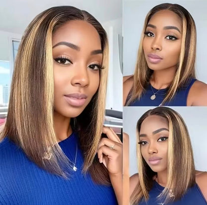 Peruca Bob Lisa Tricolor– Cabelo Humano, Sem Cola, Pré-Cortada , pronta a usar