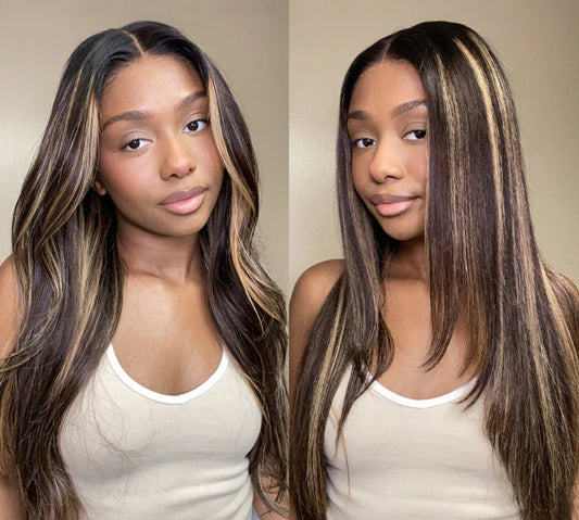 Peruca Lisa Castanho com Mechas 4/27(Piano) – Cabelo Humano, Sem Cola, pronta a usar