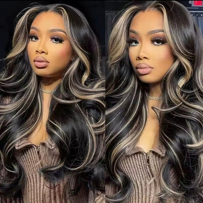 Peruca Body Wave com Madeixas Loiras Frontais – Sem Cola & Pronta a Usar