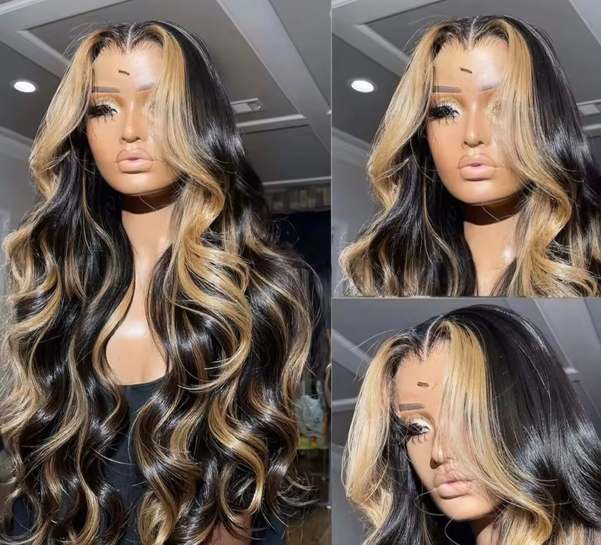 Peruca Body Wave com Madeixas Loiras Frontais – Sem Cola & Pronta a Usar