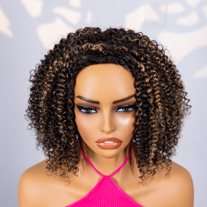 Meia Peruca Cacheada Crespa com Mechas Castanhas – Cabelo Humano, Sem Cola, Estilo Versátil