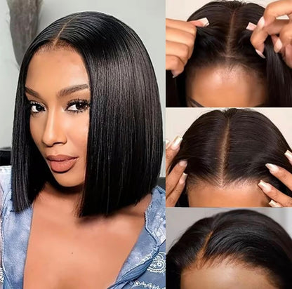 Peruca Lisa Yaki Curta Bob cor #1B – 100% Cabelo Humano | Sem Cola, Renda Pré-Cortada e Cordão Ajustável