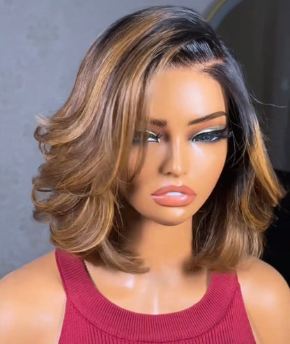 Peruca Bob Luxo com Madeixas Douradas – 100% Cabelo Humano