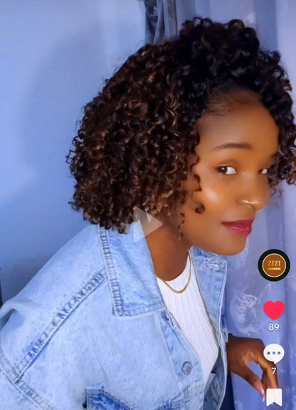 Meia Peruca  3 em 1 – Half Wig com Cordão, Clip-Ins Invisíveis  Afro Curly – Cabelo Humano – ZIZI HAIR